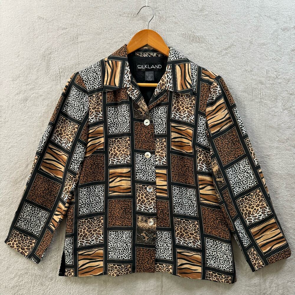Vintage Silkland Women’s 6 Brown Black 100% Silk Animal Print Patchwork Blouse